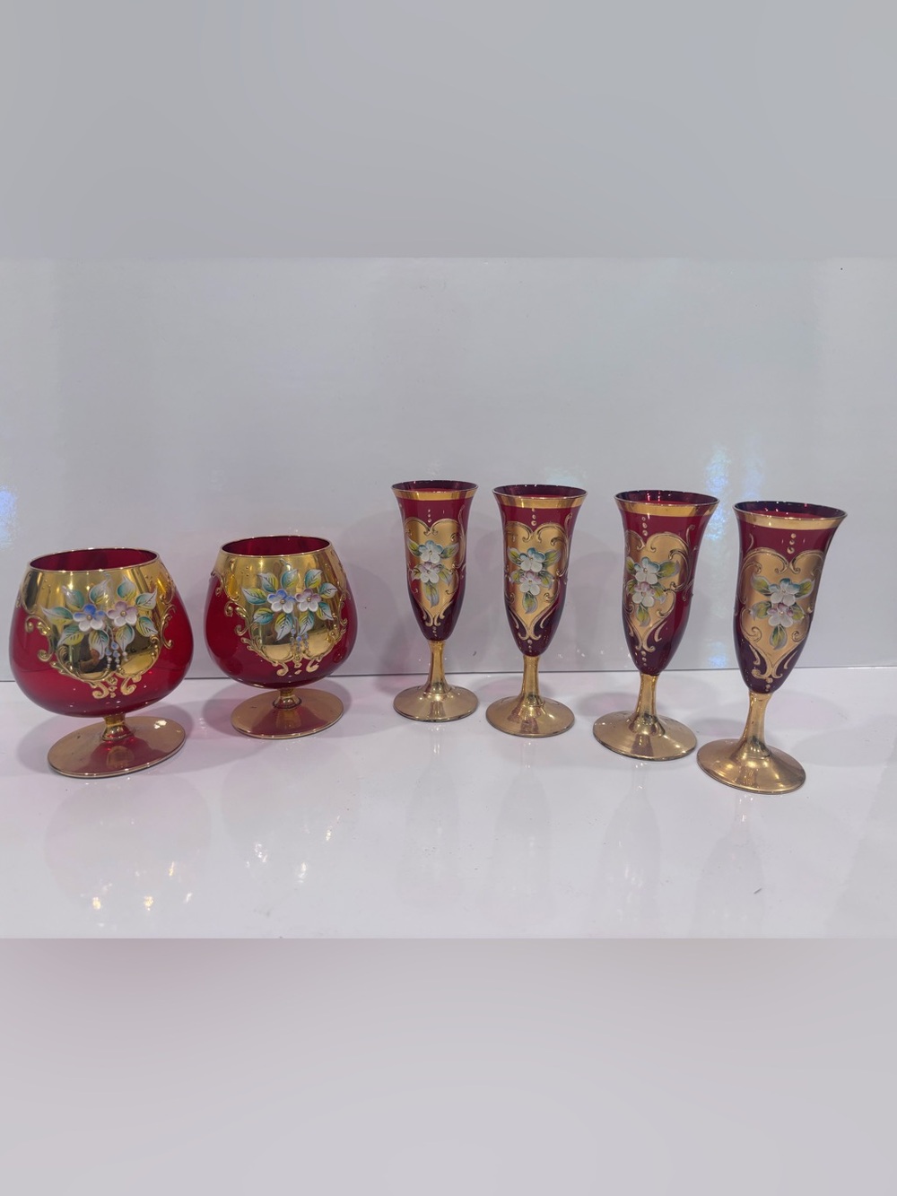 6 Vintage  Antique Venetian Murano 24K Gold RUBY Glass from ITALY